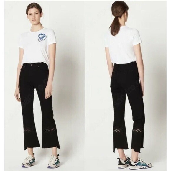 Sandro Paris Tori Flared Lace Inset Jeans Black Denim Cropped Wide Leg 38 US 4-6 - Picture 1 of 16